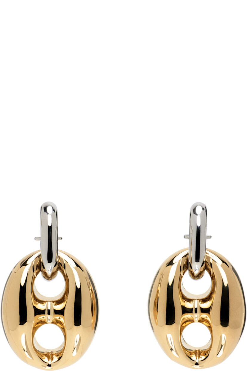 Pair of drop earrings in silver- and gold-tone brass. 

· Anchor chain at drop
· Post-stud fastening 
· H1.5" x W0.75"

Supplier color: Silver/Gold