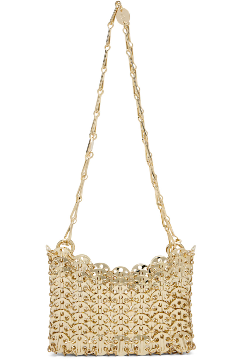 Handcrafted chain-mail-style shoulder bag in gold-tone brass.

· Logo plaques at sliding chain shoulder strap
· Open throat
· Unlined
· H4" x W6" x D1"

Supplier color: Gold