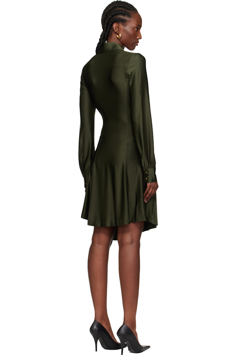 Stretch viscose jersey midi dress.

· Spread collar 
· Offset press-stud closure 
· Draping at front 
· Press-stud barrel cuffs
· Asymmetrical hem 

Supplier color: New kaki