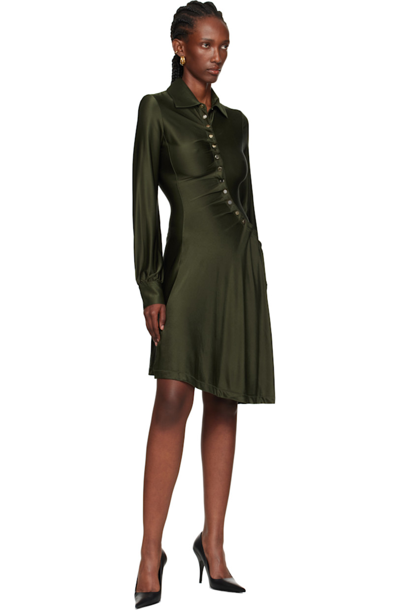 Stretch viscose jersey midi dress.

· Spread collar 
· Offset press-stud closure 
· Draping at front 
· Press-stud barrel cuffs
· Asymmetrical hem 

Supplier color: New kaki