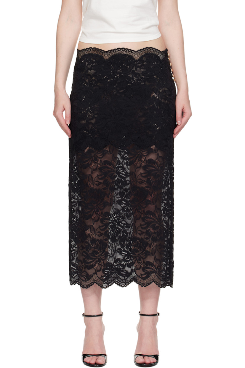 Stretch nylon lace midi skirt.

· Scalloped edges throughout
· Mid-rise
· Button closure at side seam
· Thigh-length lining

Supplier color: Black