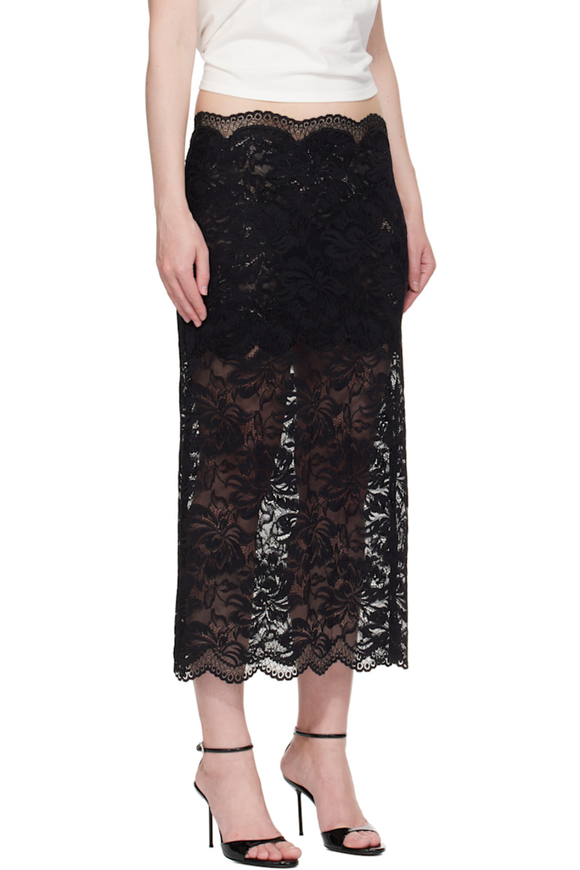 Stretch nylon lace midi skirt.

· Scalloped edges throughout
· Mid-rise
· Button closure at side seam
· Thigh-length lining

Supplier color: Black