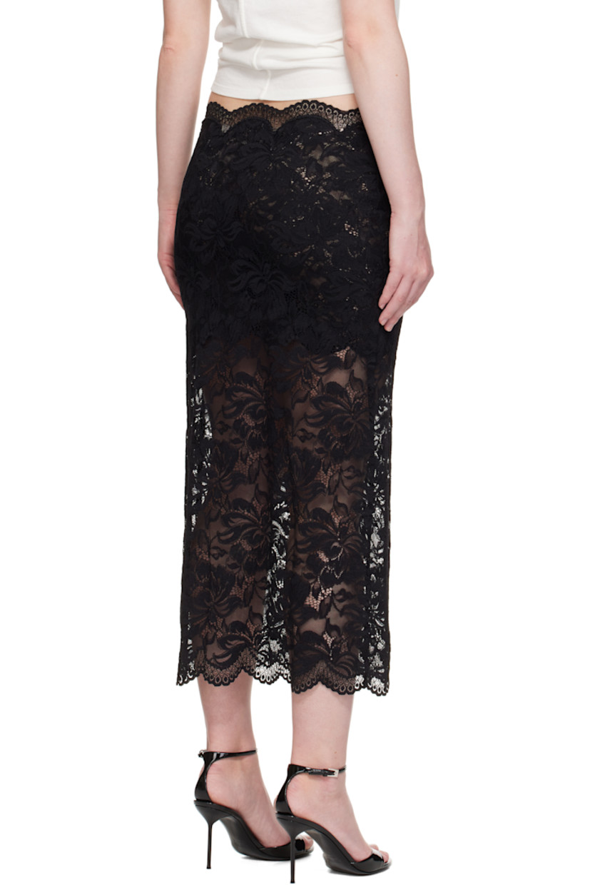 Stretch nylon lace midi skirt.

· Scalloped edges throughout
· Mid-rise
· Button closure at side seam
· Thigh-length lining

Supplier color: Black