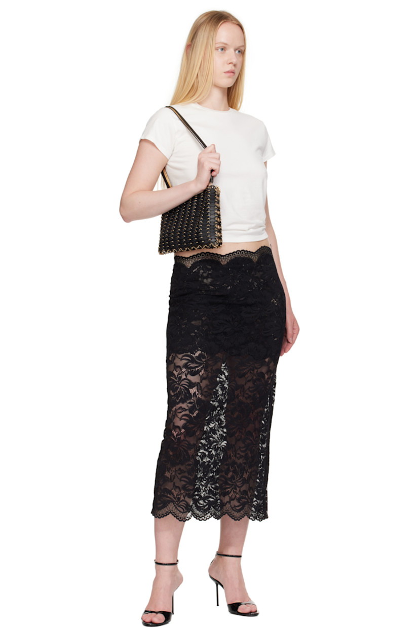 Stretch nylon lace midi skirt.

· Scalloped edges throughout
· Mid-rise
· Button closure at side seam
· Thigh-length lining

Supplier color: Black