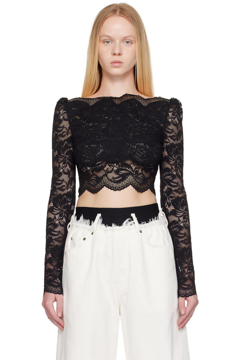 Sheer stretch nylon lace top.

· Embroidered pattern and foil coating throughout
· Scalloped boatneck and hem
· Fully lined

Supplier color: Black