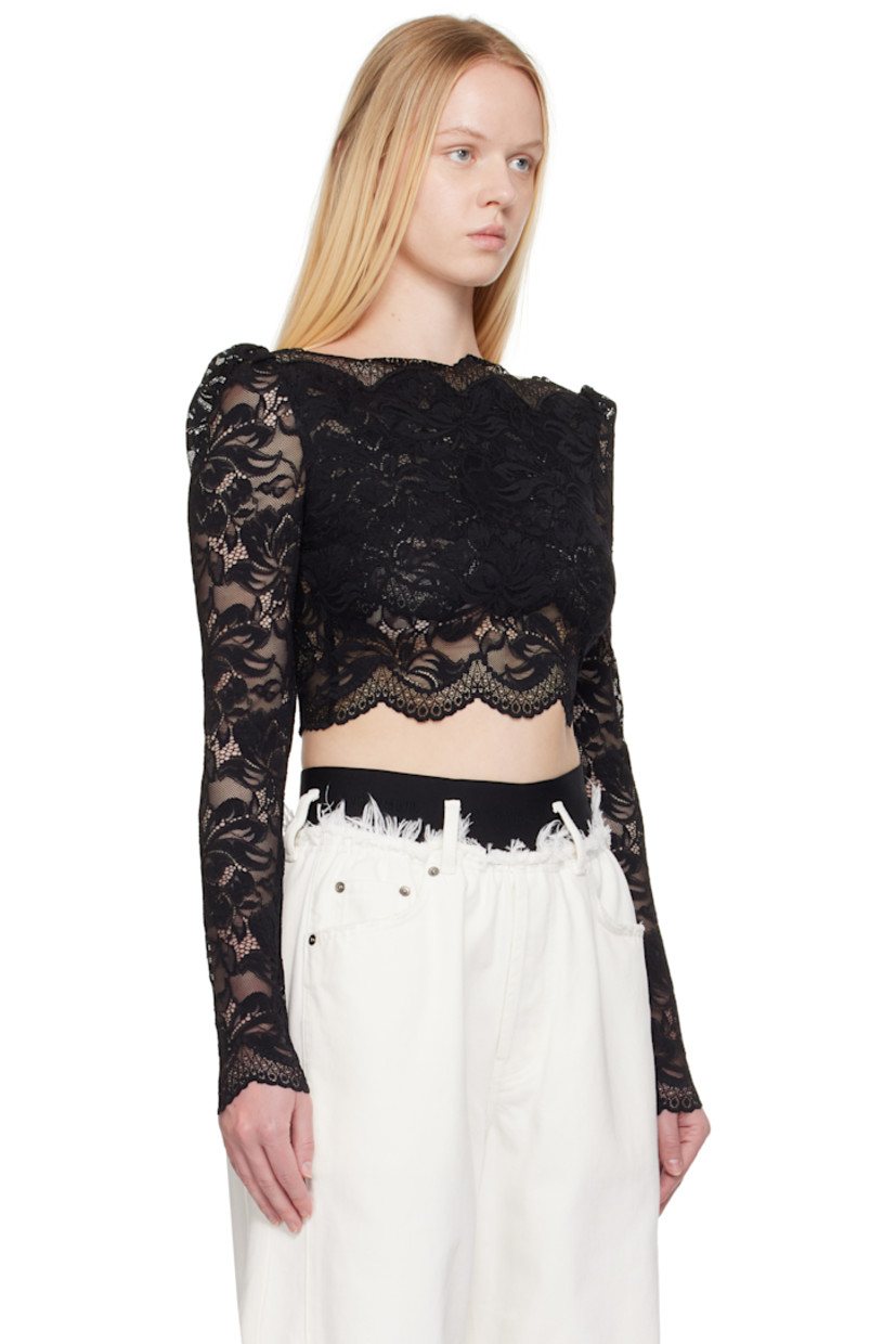 Sheer stretch nylon lace top.

· Embroidered pattern and foil coating throughout
· Scalloped boatneck and hem
· Fully lined

Supplier color: Black