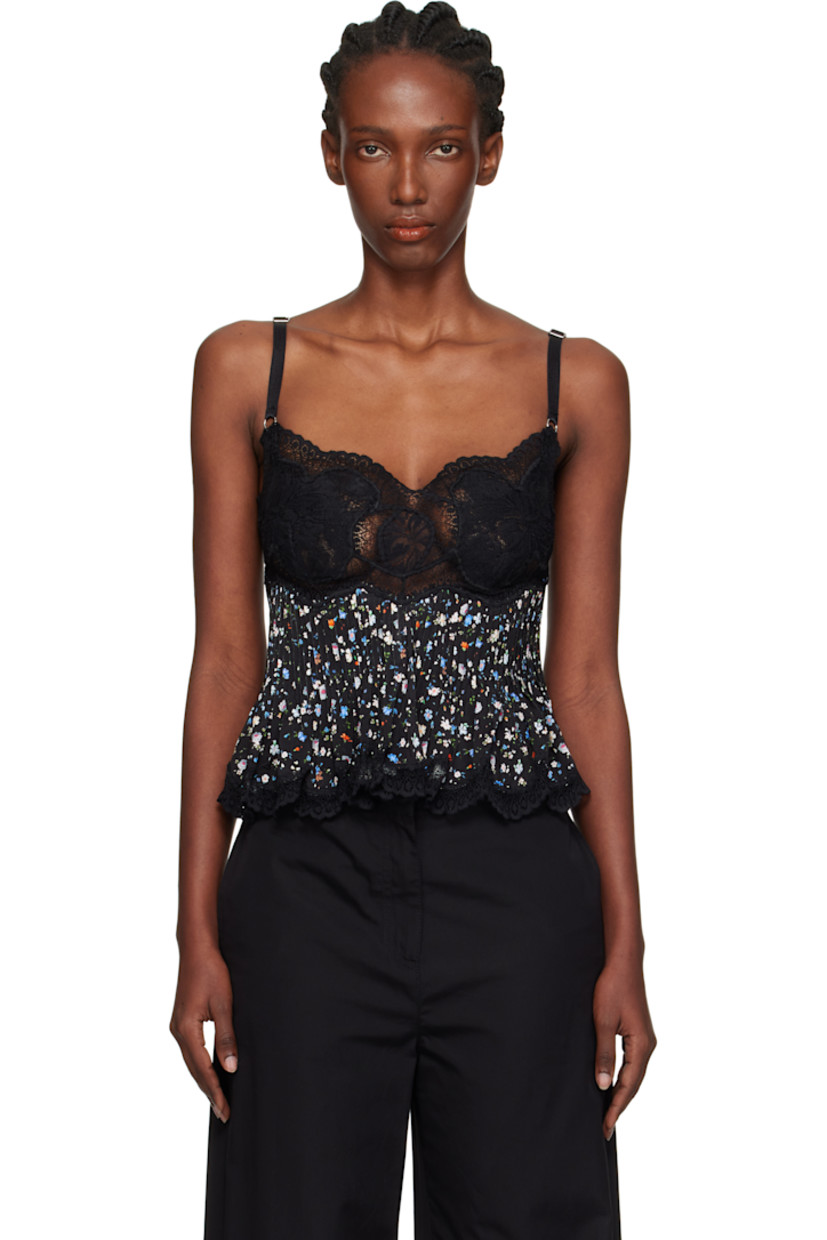 Stretch viscose jersey and stretch nylon lace camisole.

· Semi-sheer 
· Paneled construction 
· Floral pattern printed throughout 
· Scalloped edges at sweetheart neck and hem 
· Pleats at bodice 
· Adjustable shoulder straps

Supplier color: Black