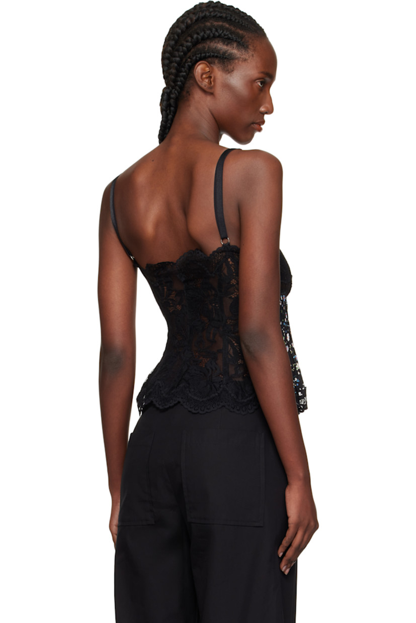 Stretch viscose jersey and stretch nylon lace camisole.

· Semi-sheer 
· Paneled construction 
· Floral pattern printed throughout 
· Scalloped edges at sweetheart neck and hem 
· Pleats at bodice 
· Adjustable shoulder straps

Supplier color: Black