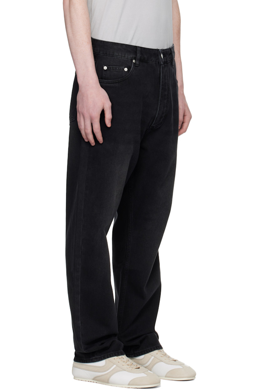 Non-stretch 14 oz regenerative cotton-blend denim jeans.

· Straight-leg
· Mid-rise
· Belt loops
· Five-pocket styling
· Zip fly
· Leather logo patch at back waistband
· Silver-tone hardware

Supplier color: Washed black