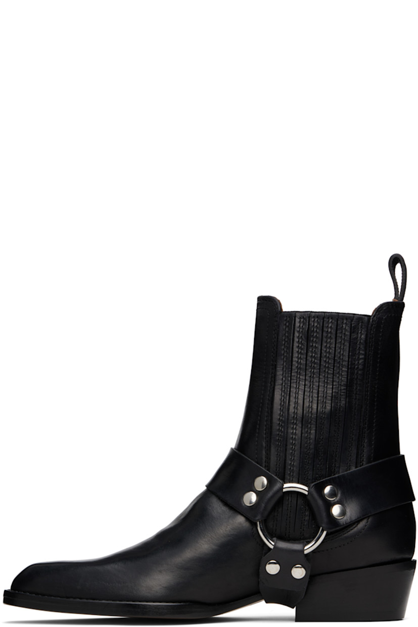 Ankle-high buffed calfskin boots in black.

· Pointed square toe
· Elasticized gusset at sides
· Harness-style straps at sides
· Pull-loop at heel collar
· Buffed leather lining
· Stacked leather block heel with rubber injection
· Leather sole
· Heel: H1.5"

Supplier color: Black