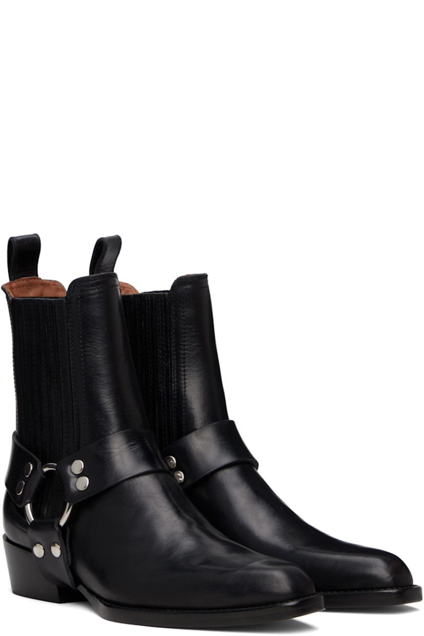 Ankle-high buffed calfskin boots in black.

· Pointed square toe
· Elasticized gusset at sides
· Harness-style straps at sides
· Pull-loop at heel collar
· Buffed leather lining
· Stacked leather block heel with rubber injection
· Leather sole
· Heel: H1.5"

Supplier color: Black