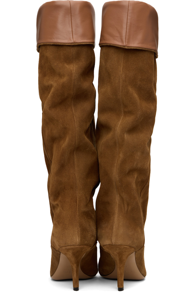 Knee-high calfskin suede slip-on boots. 

· Pointed toe
· Foldover collar
· Nappa calfskin interior
· Covered stiletto heel
· Leather sole
· Heel: H3"

Supplier color: Brown/Cognac