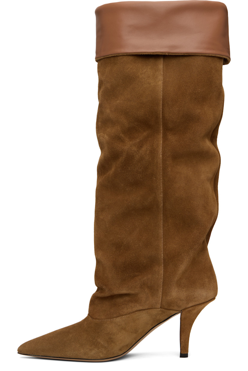 Knee-high calfskin suede slip-on boots. 

· Pointed toe
· Foldover collar
· Nappa calfskin interior
· Covered stiletto heel
· Leather sole
· Heel: H3"

Supplier color: Brown/Cognac