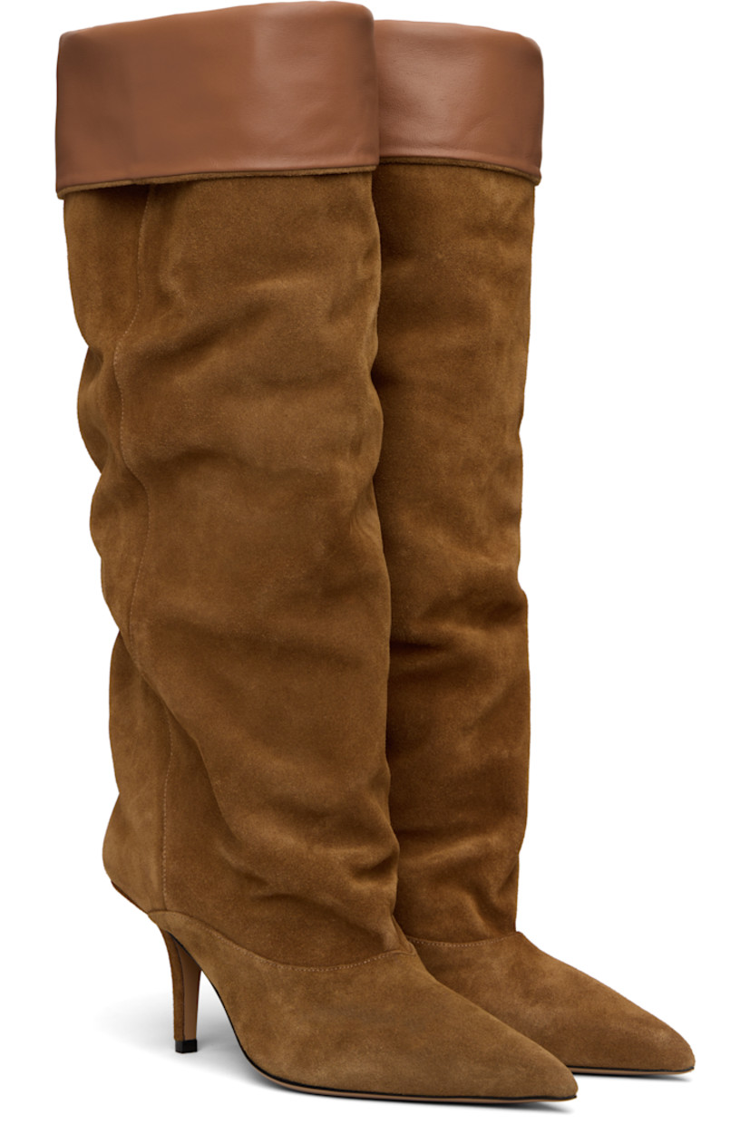 Knee-high calfskin suede slip-on boots. 

· Pointed toe
· Foldover collar
· Nappa calfskin interior
· Covered stiletto heel
· Leather sole
· Heel: H3"

Supplier color: Brown/Cognac