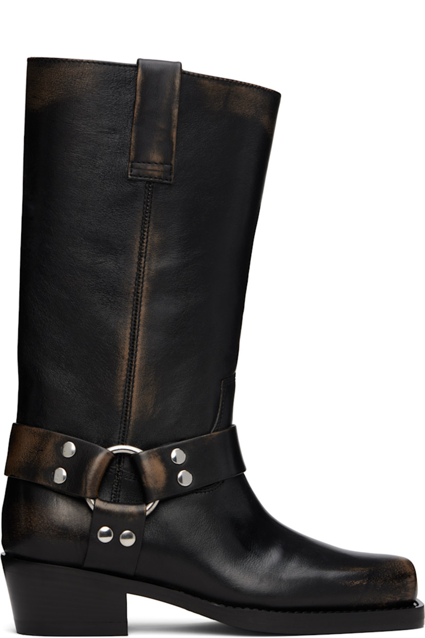 Mid-calf brushed leather boots in black.

· Square toe
· Harness-style straps at sides
· Pull-loops at collar
· Buffed leather lining
· Stacked leather block heel with rubber injection
· Leather sole
· Heel: H2"

Supplier color: Black