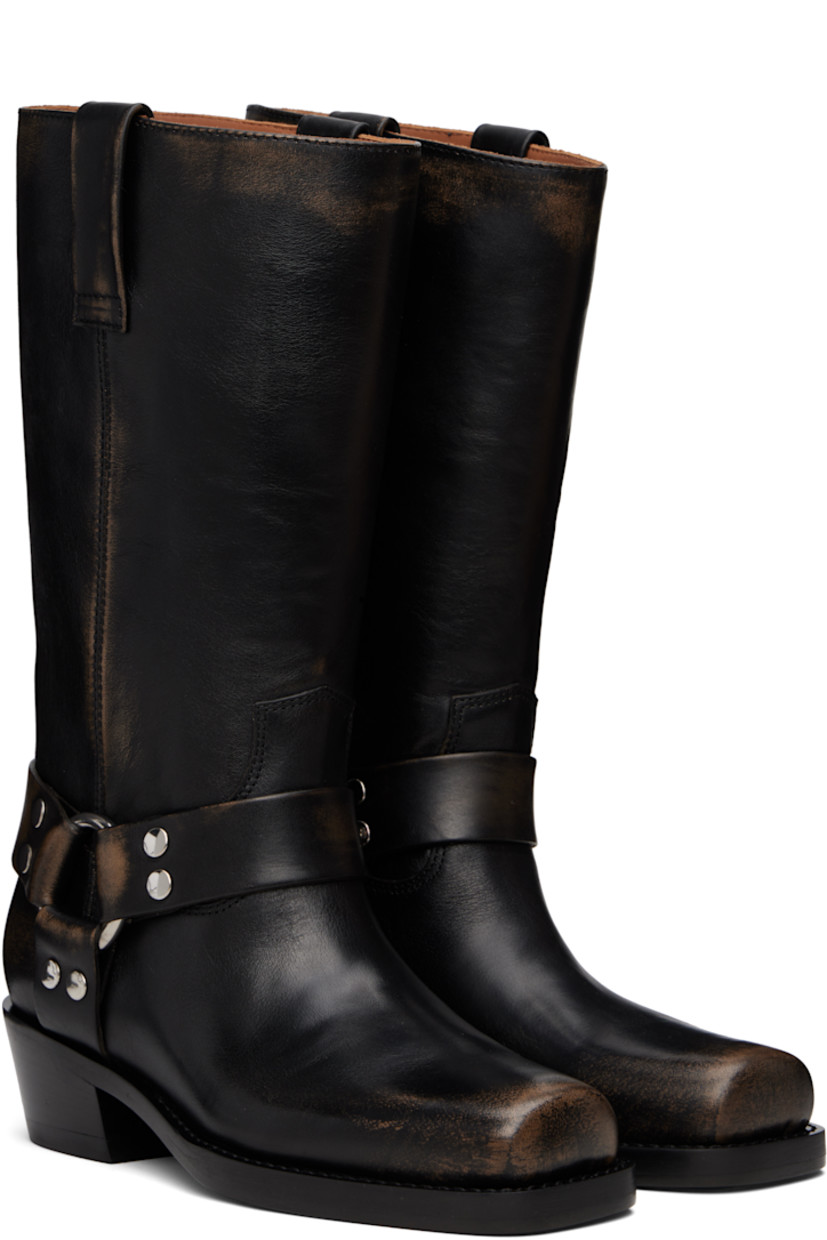 Mid-calf brushed leather boots in black.

· Square toe
· Harness-style straps at sides
· Pull-loops at collar
· Buffed leather lining
· Stacked leather block heel with rubber injection
· Leather sole
· Heel: H2"

Supplier color: Black