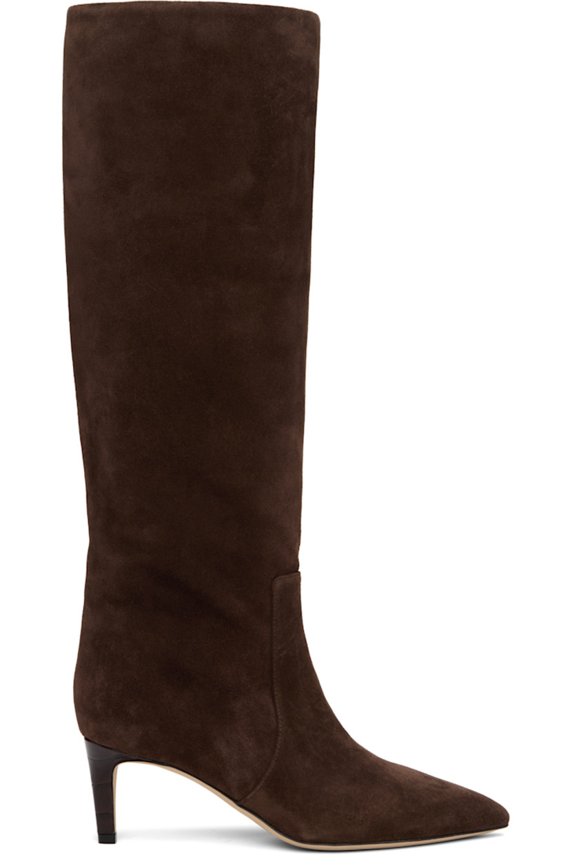 Knee-high calfskin suede slip-on boots.

· Pointed toe
· Croc-embossed patent leather stiletto heel
· Nubuck sole
· Heel: H2.25"

Supplier color: Chocolate