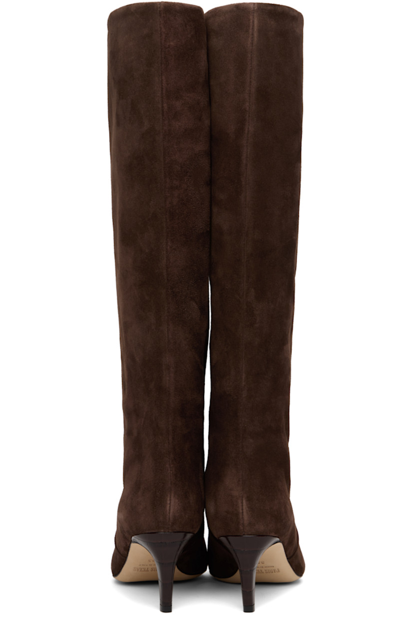 Knee-high calfskin suede slip-on boots.

· Pointed toe
· Croc-embossed patent leather stiletto heel
· Nubuck sole
· Heel: H2.25"

Supplier color: Chocolate