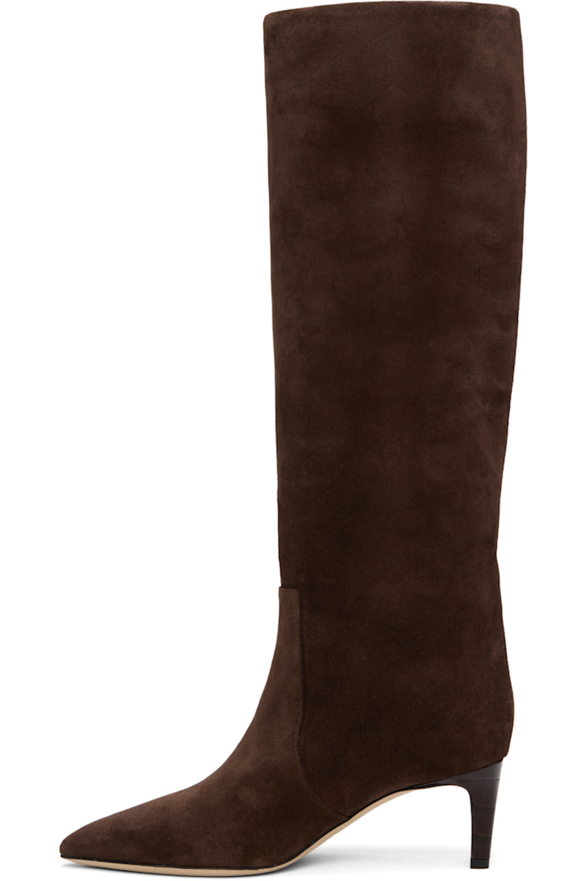 Knee-high calfskin suede slip-on boots.

· Pointed toe
· Croc-embossed patent leather stiletto heel
· Nubuck sole
· Heel: H2.25"

Supplier color: Chocolate