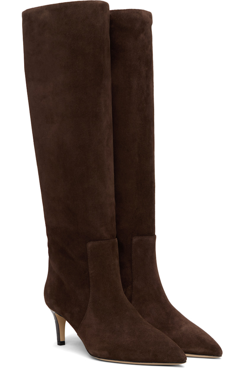 Knee-high calfskin suede slip-on boots.

· Pointed toe
· Croc-embossed patent leather stiletto heel
· Nubuck sole
· Heel: H2.25"

Supplier color: Chocolate