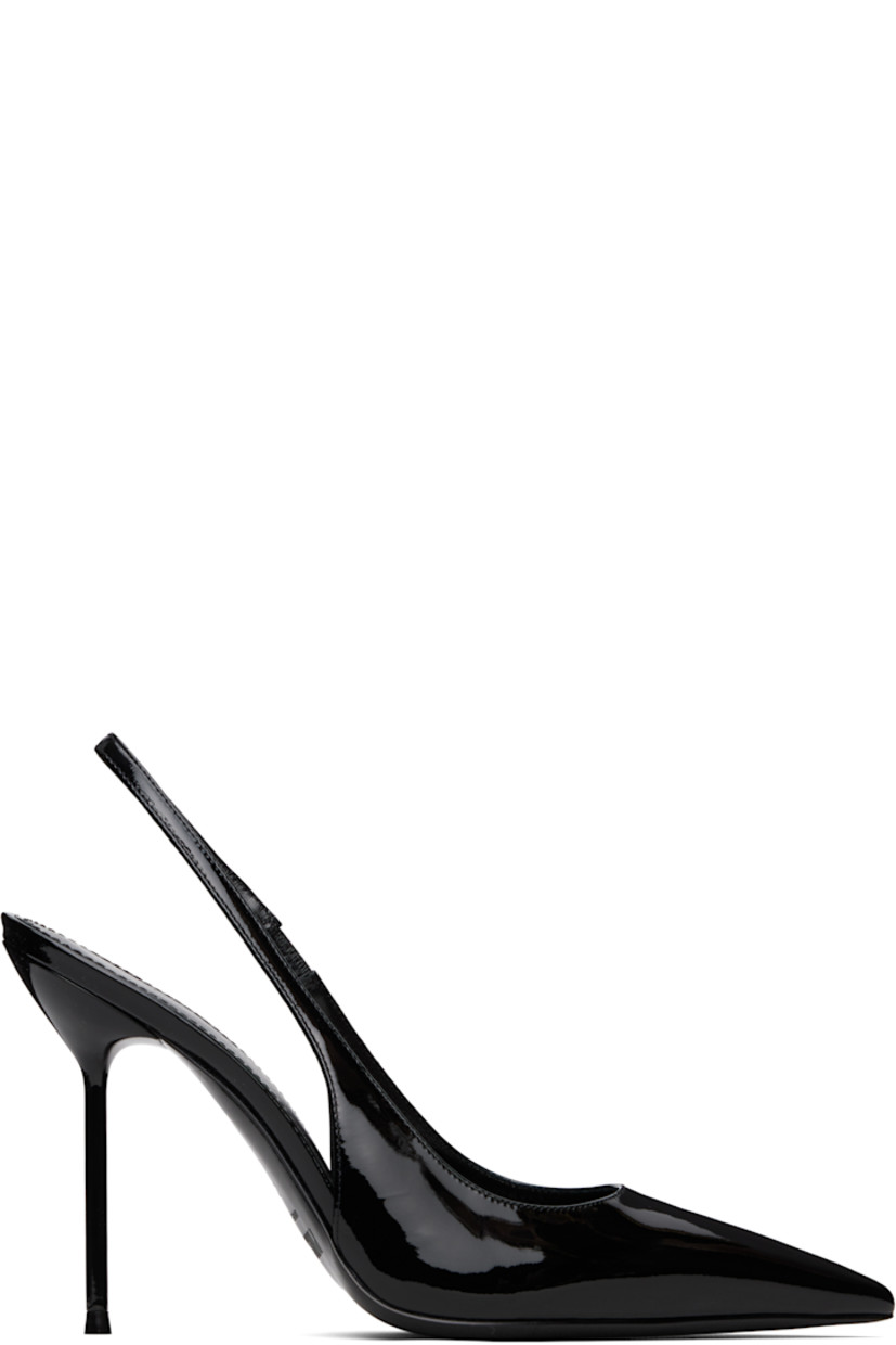 Patent leather heels in black.

· Pointed toe
· Partially elasticized slingback strap
· Logo stamp at padded leather footbed
· Lacquered stiletto heel with rubber injection
· Polished leather sole
· Heel: H4"

Supplier color: Black