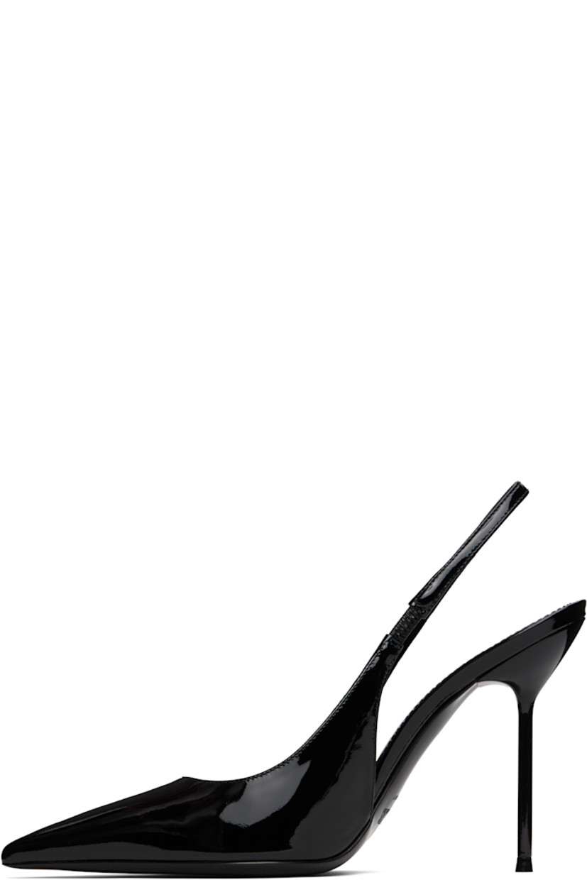 Patent leather heels in black.

· Pointed toe
· Partially elasticized slingback strap
· Logo stamp at padded leather footbed
· Lacquered stiletto heel with rubber injection
· Polished leather sole
· Heel: H4"

Supplier color: Black