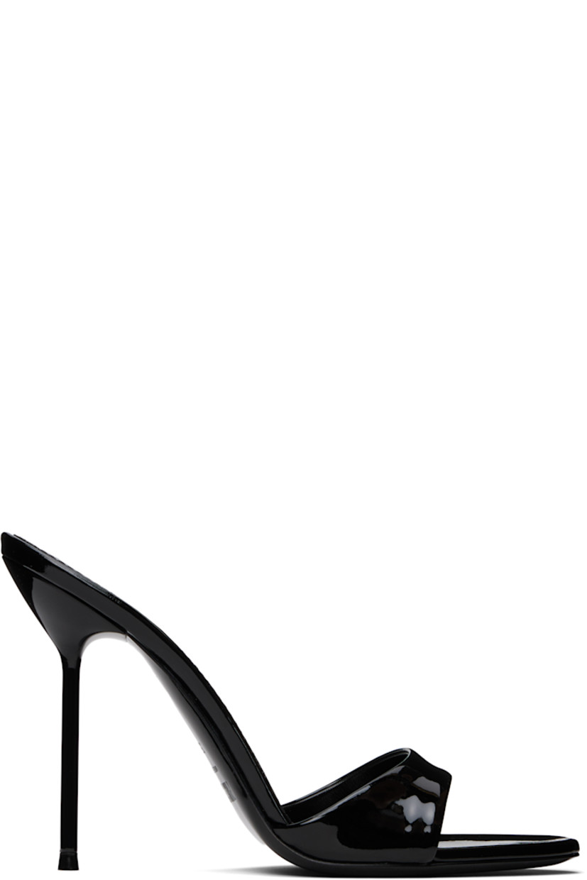 Patent leather mules in black.

· Open toe
· Logo stamp at padded leather footbed
· Lacquered stiletto heel with rubber injection
· Polished leather sole
· Heel: H4"

Supplier color: Black