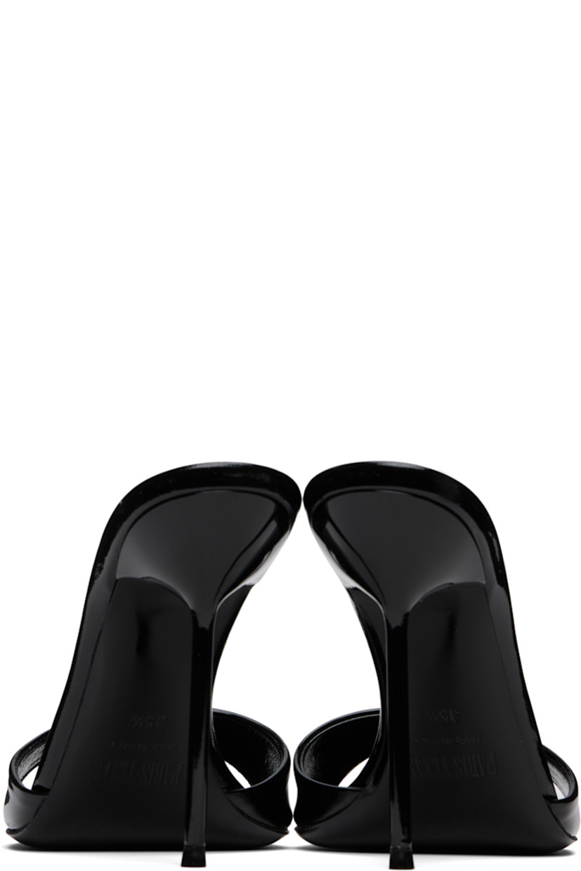 Patent leather mules in black.

· Open toe
· Logo stamp at padded leather footbed
· Lacquered stiletto heel with rubber injection
· Polished leather sole
· Heel: H4"

Supplier color: Black