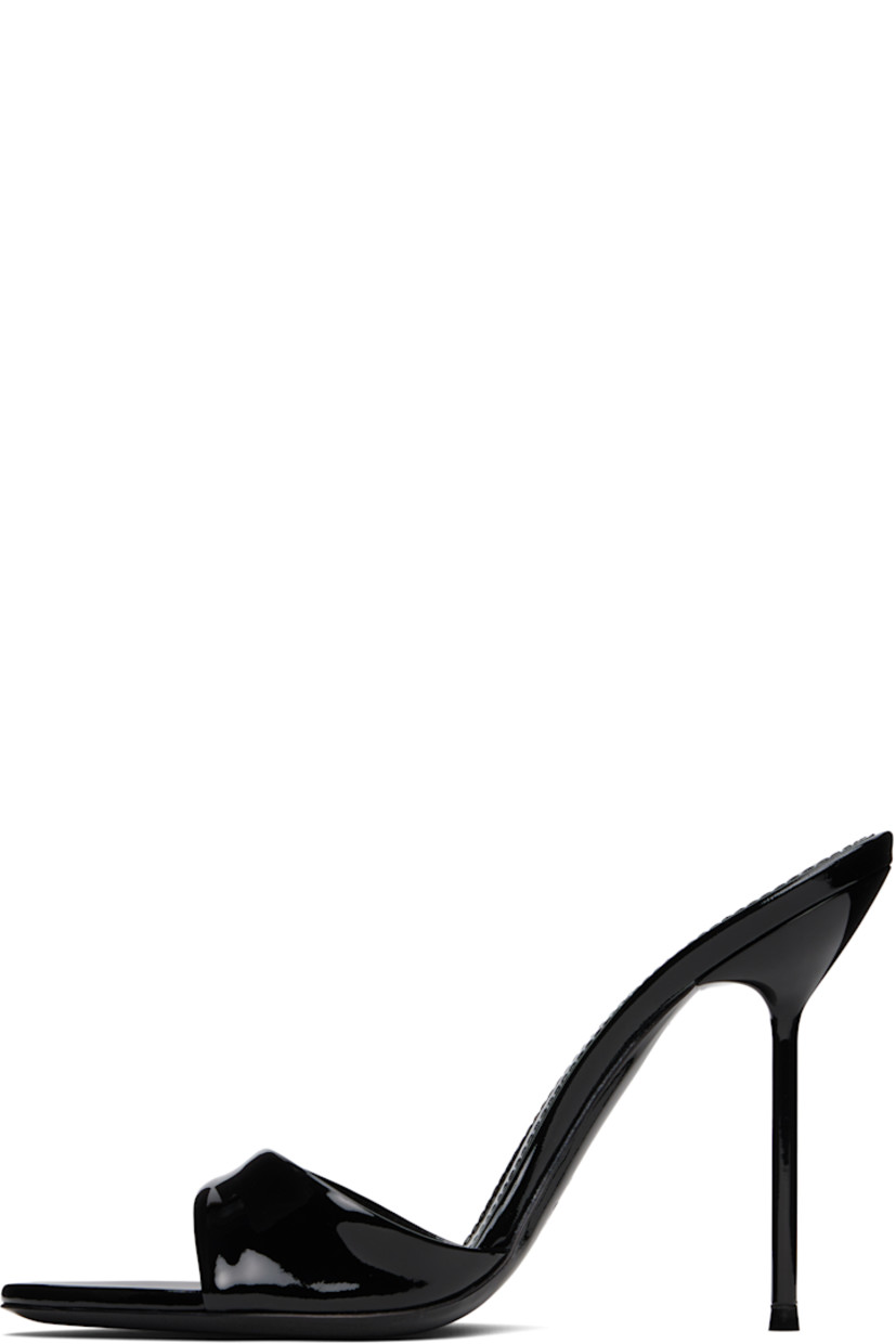 Patent leather mules in black.

· Open toe
· Logo stamp at padded leather footbed
· Lacquered stiletto heel with rubber injection
· Polished leather sole
· Heel: H4"

Supplier color: Black
