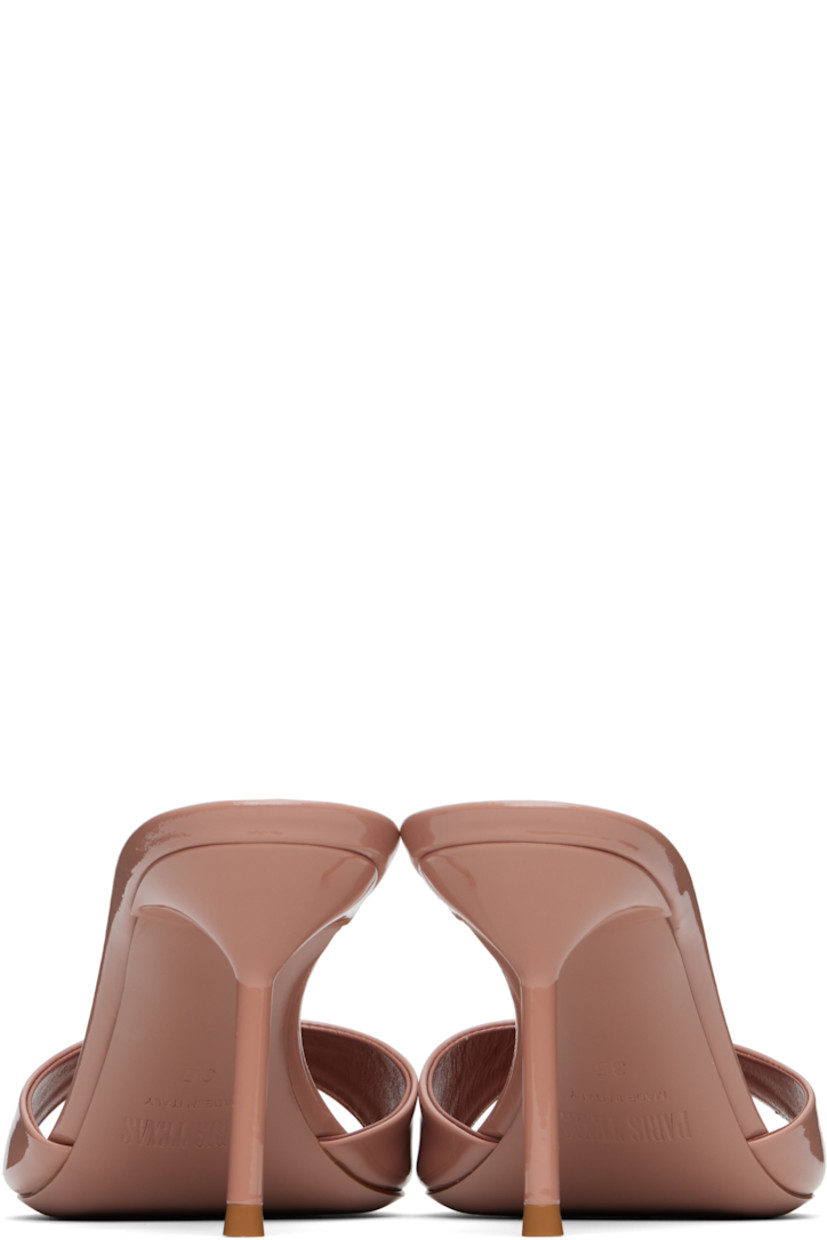 Patent leather mules in pink.

· Open toe
· Logo stamp at padded leather footbed
· Lacquered stiletto heel with rubber injection
· Polished leather sole
· Heel: H2.75"

Supplier color: Dark blush