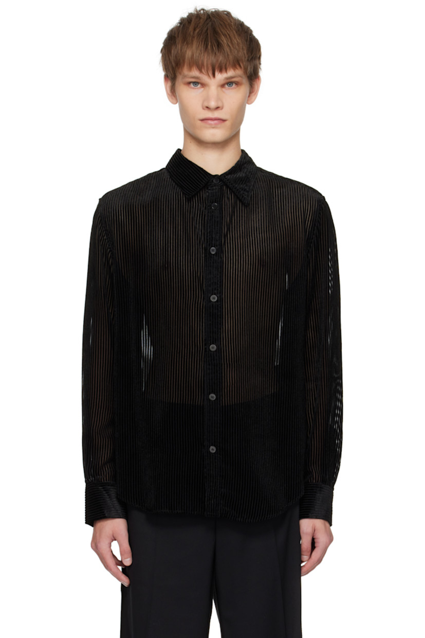 Semi-sheer viscose-blend voile shirt. 

· Stripes flocked throughout
· Spread collar
· Button closure
· Shirttail hem
· Buttoned barrel cuffs
· Pleats at back yoke

Supplier color: Devored stripes