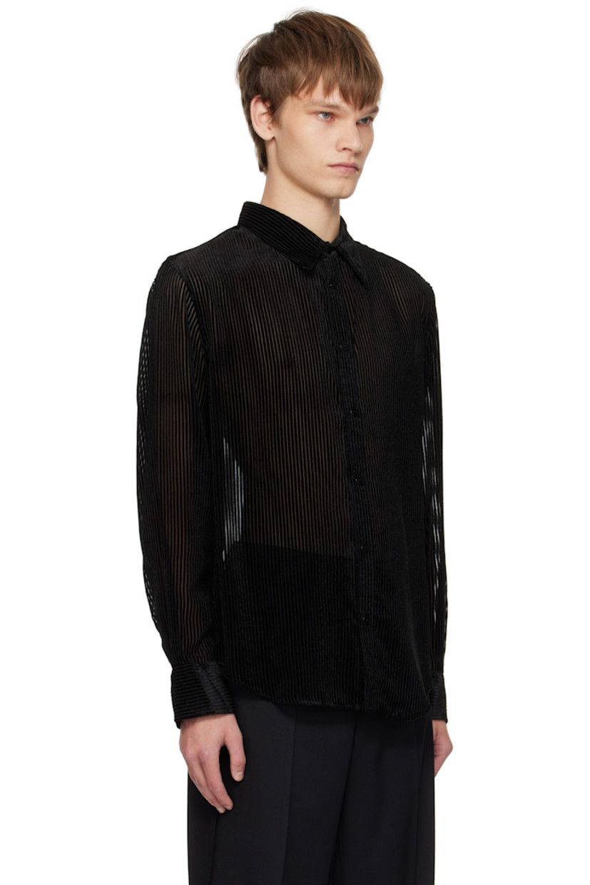 Semi-sheer viscose-blend voile shirt. 

· Stripes flocked throughout
· Spread collar
· Button closure
· Shirttail hem
· Buttoned barrel cuffs
· Pleats at back yoke

Supplier color: Devored stripes