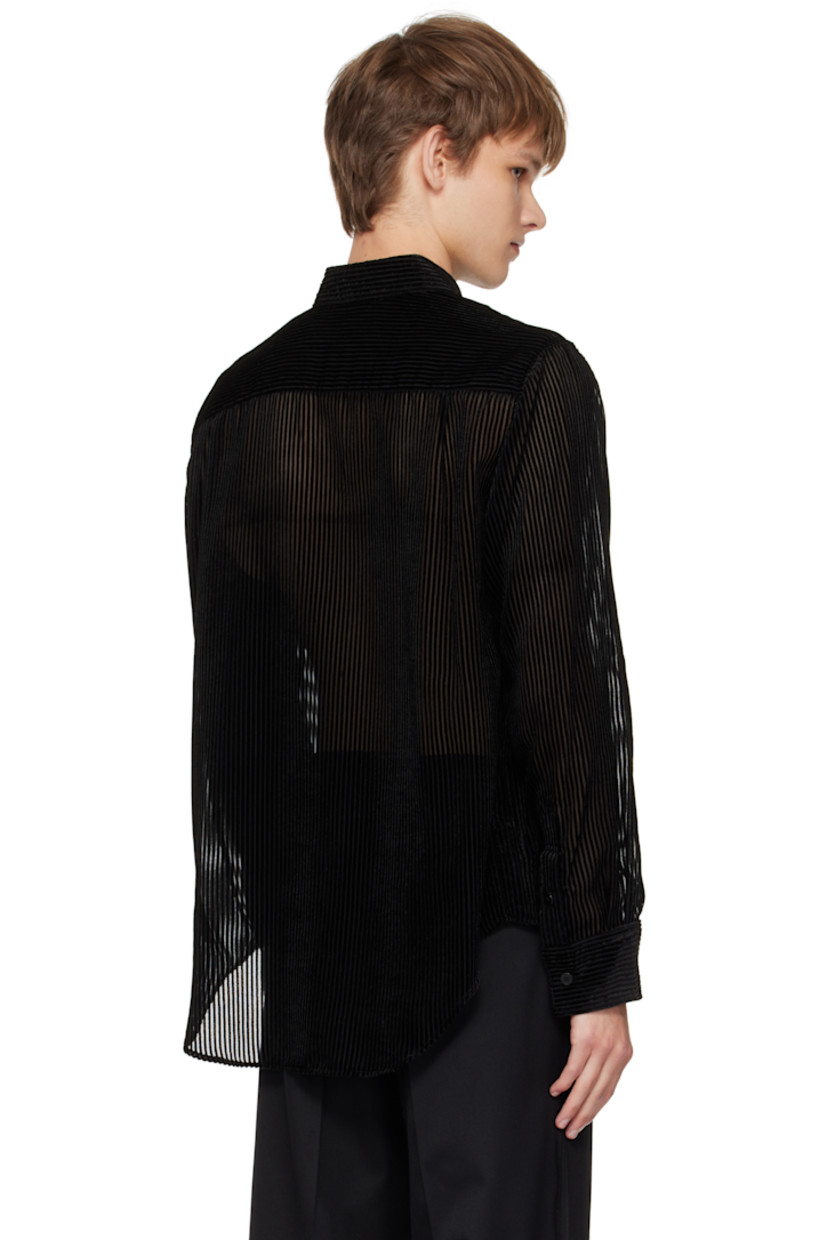 Semi-sheer viscose-blend voile shirt. 

· Stripes flocked throughout
· Spread collar
· Button closure
· Shirttail hem
· Buttoned barrel cuffs
· Pleats at back yoke

Supplier color: Devored stripes