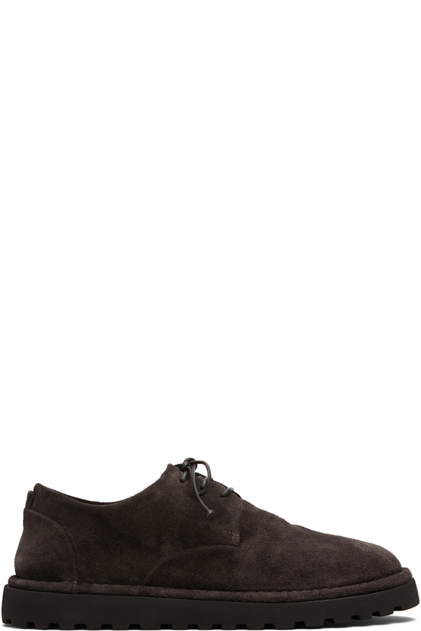 Suede derbys.

· Lace-up closure
· Pull-loop at heel counter
· Topstitching at welt
· Treaded rubber sole

Supplier color: Dark brown