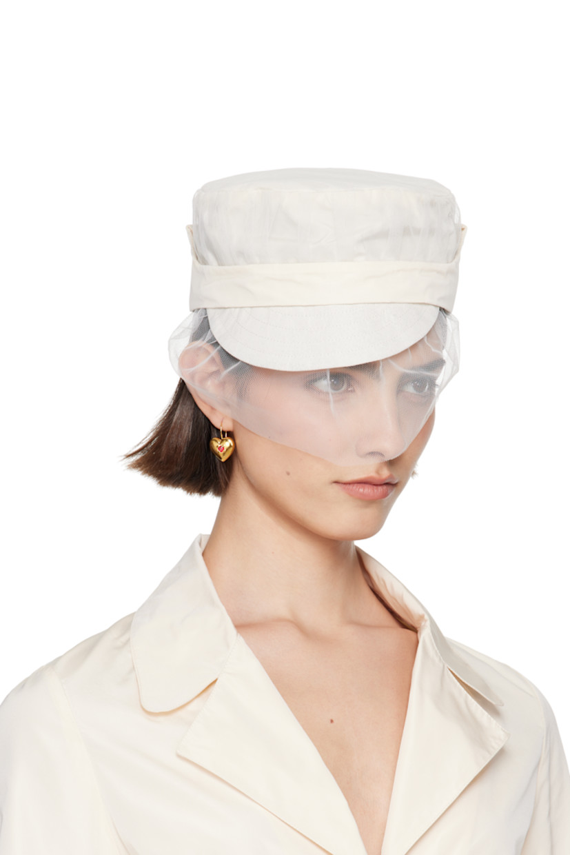 Polyester satin and taffeta hat in white.

· Ruched tulle overlay throughout
· Quilted brim
· Gathered veil at face
· Foldover panel at sides for alternate styling
· Full oxford cloth lining

Part of the exclusive SSENSE Bridal capsule.

Supplier color: White
