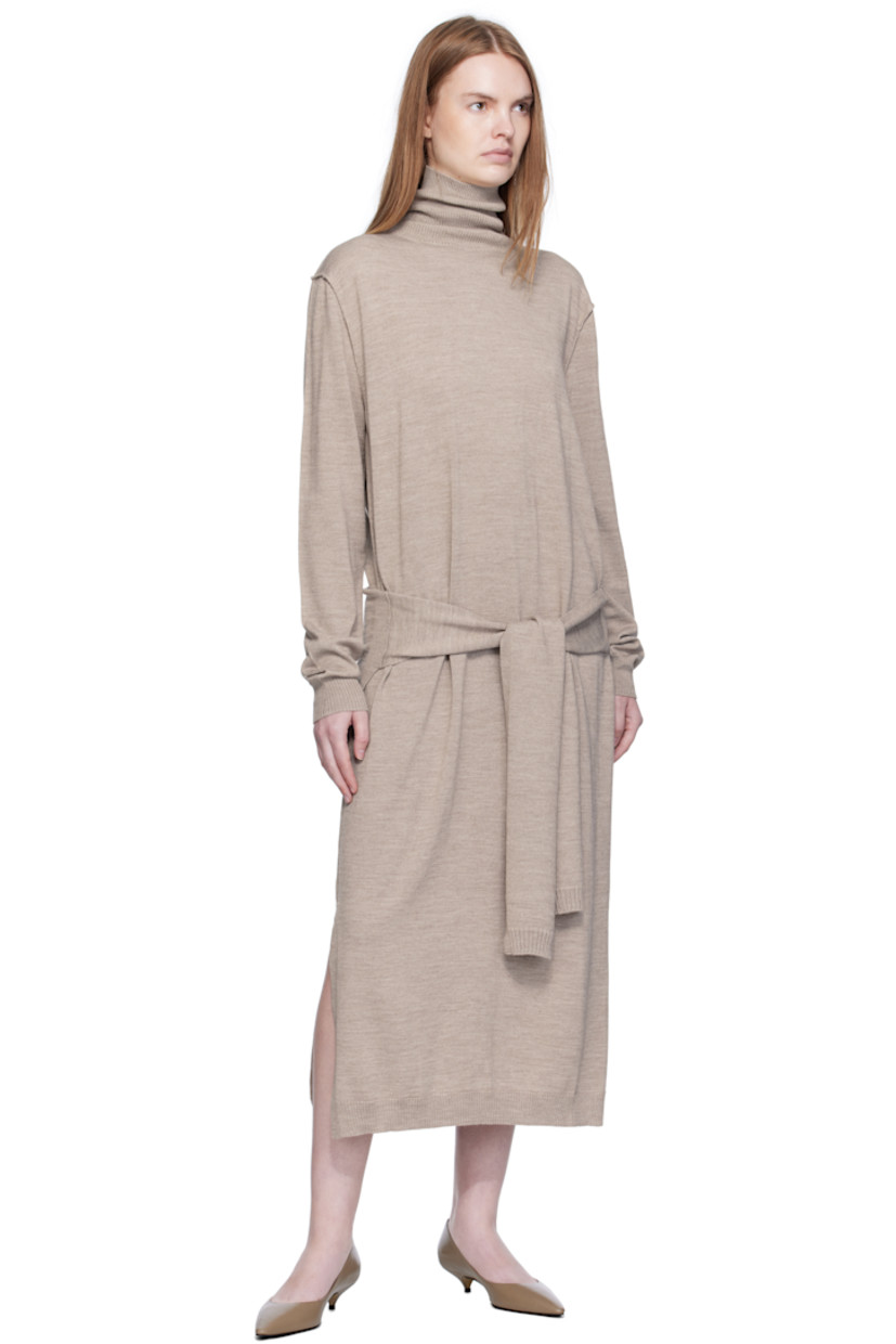 Knit wool-blend midi dress.

· Exposed seams throughout
· Rib-knit turtleneck, hem, and cuffs
· Self-tie sweater-style panel at waist
· Vented side seams

Supplier color: Light taupe