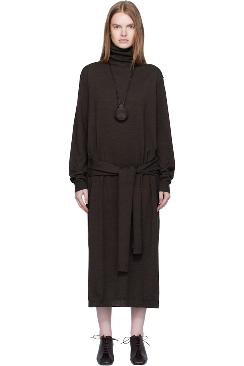 Knit wool-blend midi dress.

· Exposed seams throughout
· Rib-knit turtleneck, hem, and cuffs
· Self-tie sweater-style panel at waist
· Vented side seams

Supplier color: Dark cacao