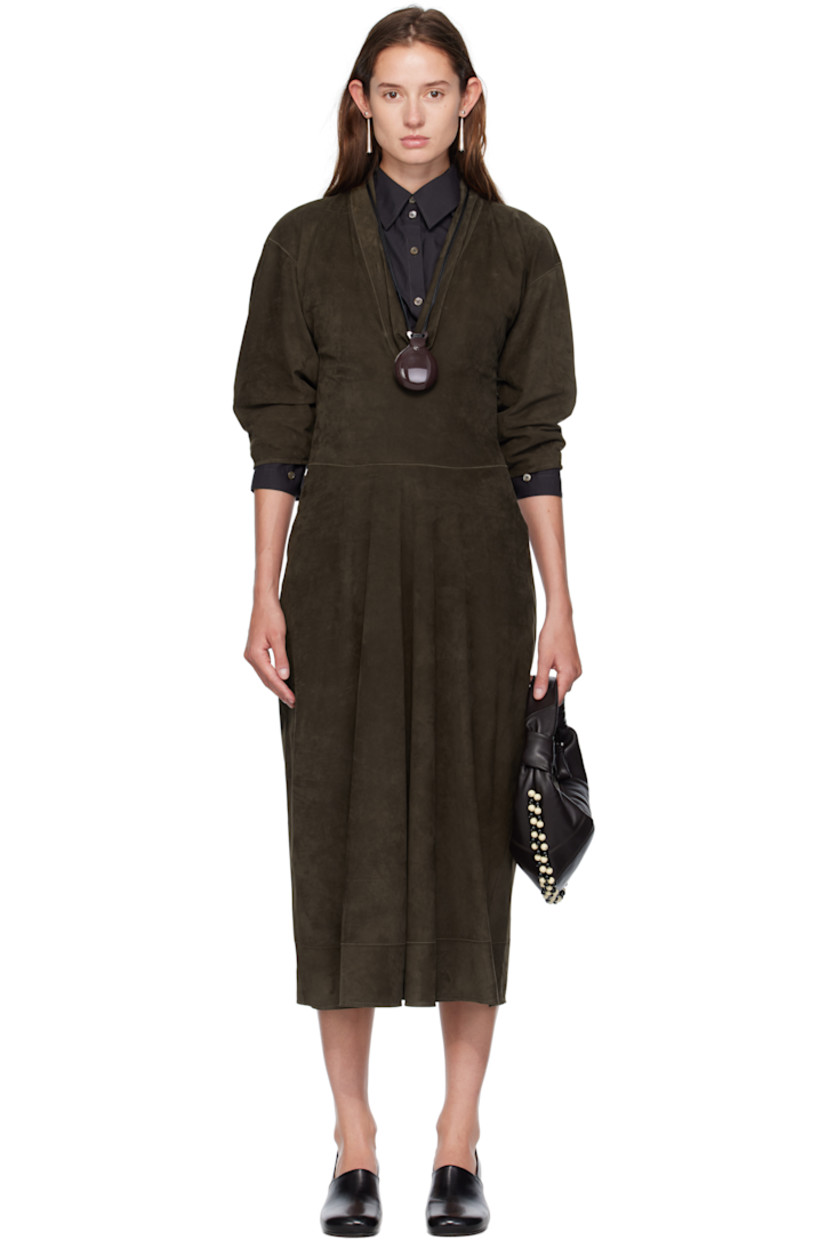 Nubuck midi dress.

· Draping at plunging V-neck
· Zip closure at side seam
· Suede interior

Supplier color: Dark khaki