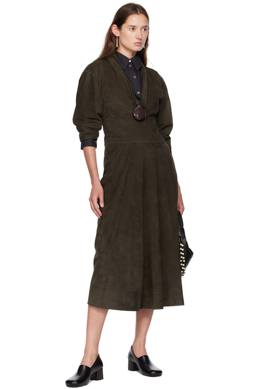 Nubuck midi dress.

· Draping at plunging V-neck
· Zip closure at side seam
· Suede interior

Supplier color: Dark khaki