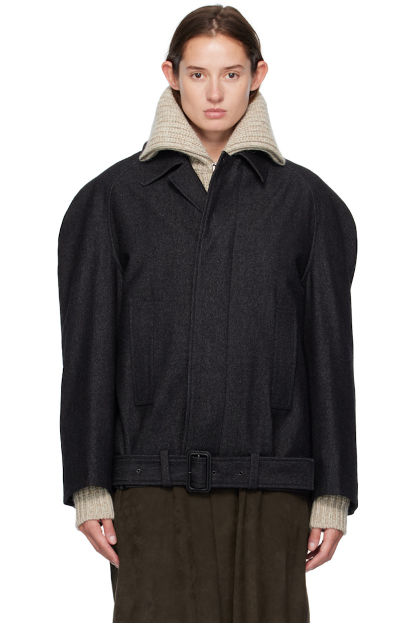 Virgin wool- and cotton-blend twill coat.

· RWS-certified wool
· Spread collar
· Concealed button closure
· Welt pockets at waist
· Cropped hem
· Belt loops and detachable pin-buckle belt at hem
· Raglan sleeves
· Full cotton twill lining

Supplier color: Black/Grey melange