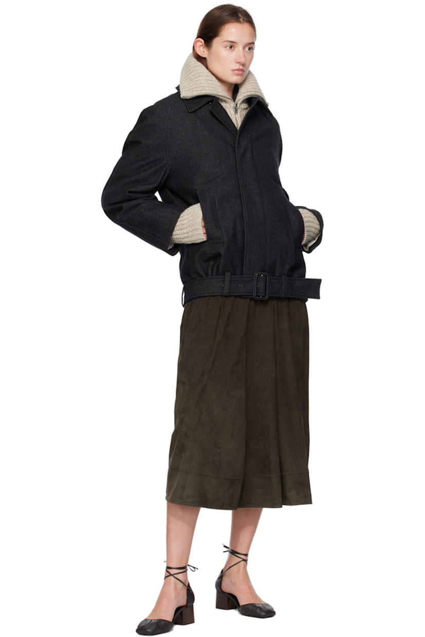 Virgin wool- and cotton-blend twill coat.

· RWS-certified wool
· Spread collar
· Concealed button closure
· Welt pockets at waist
· Cropped hem
· Belt loops and detachable pin-buckle belt at hem
· Raglan sleeves
· Full cotton twill lining

Supplier color: Black/Grey melange