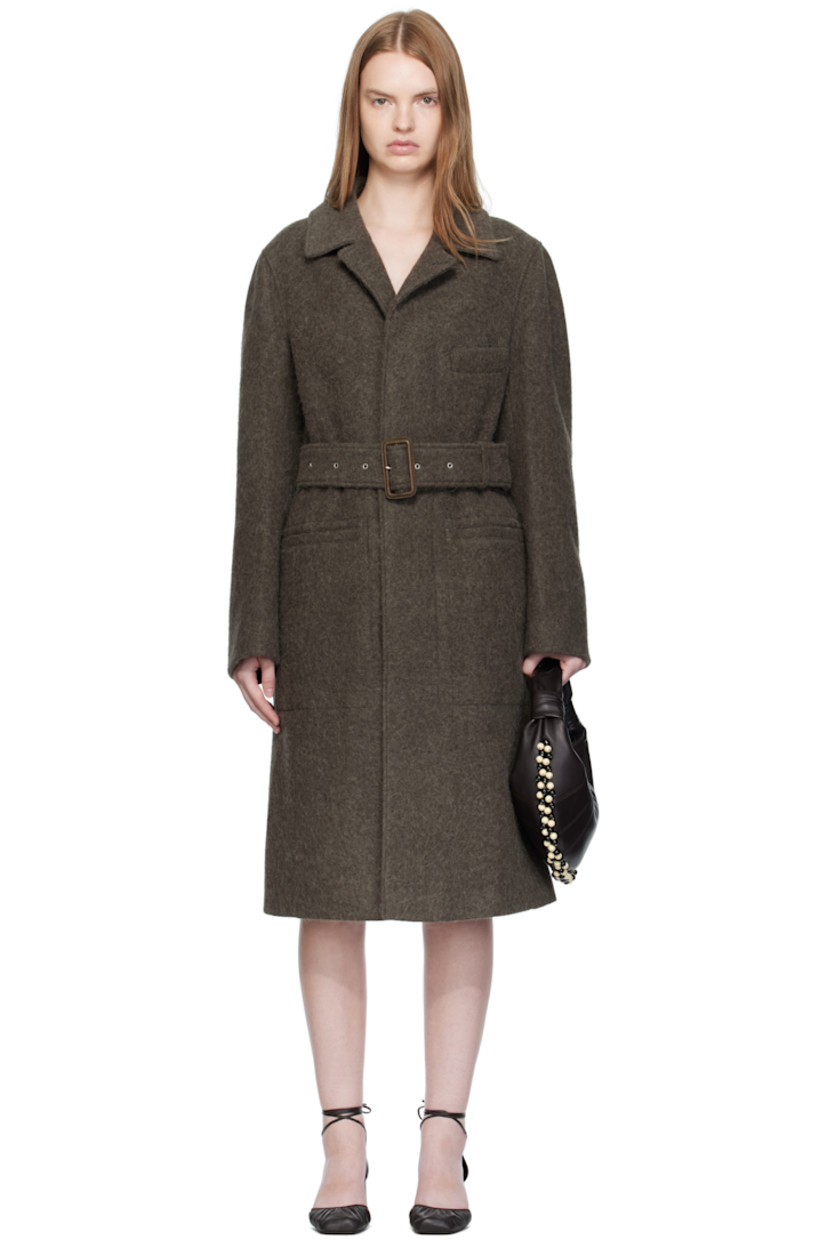 Felted wool- and alpaca-blend broadcloth coat.

· Notched lapel buttons to funnel neck
· Concealed button closure
· Welt pocket at chest
· Detachable pin-buckle belt
· Patch pockets at waist
· Welt pocket at interior
· Full twill and satin lining

Supplier color: Dark khaki