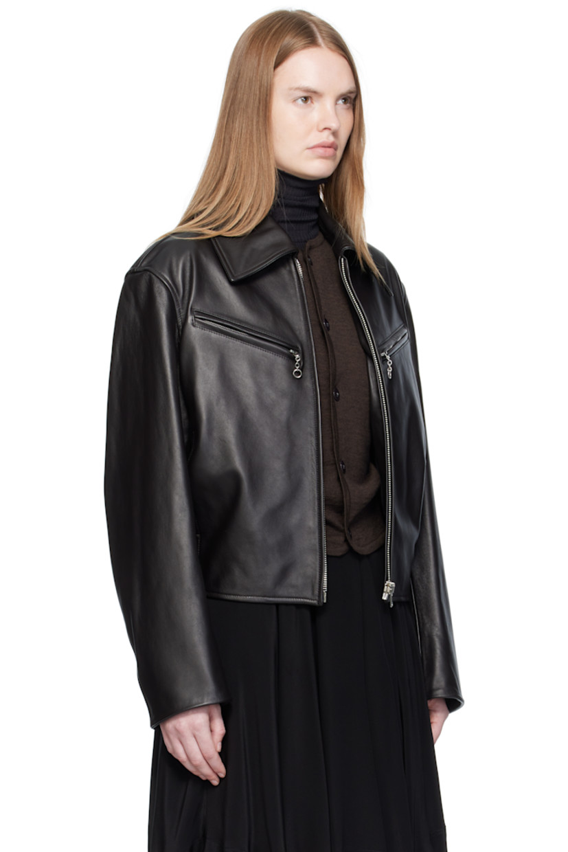 Heavyweight buffed leather jacket.

· Spread collar
· Zip closure
· Zip pockets at chest
· Seam pockets at waist
· Partially elasticized hem
· Welt pockets at interior
· Full twill lining

Supplier color: Moka