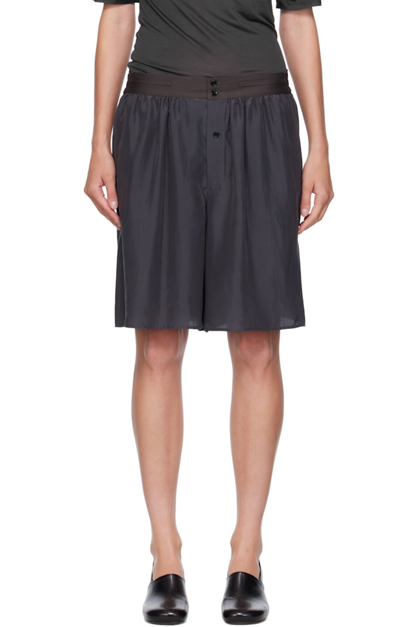 Silk pongee shorts.

· Partially elasticized cotton twill waistband
· Loops at waistband
· Two-pocket styling
· Exposed button fly
· Gathering at waist
· Mother-of-pearl hardware

Supplier color: Coal