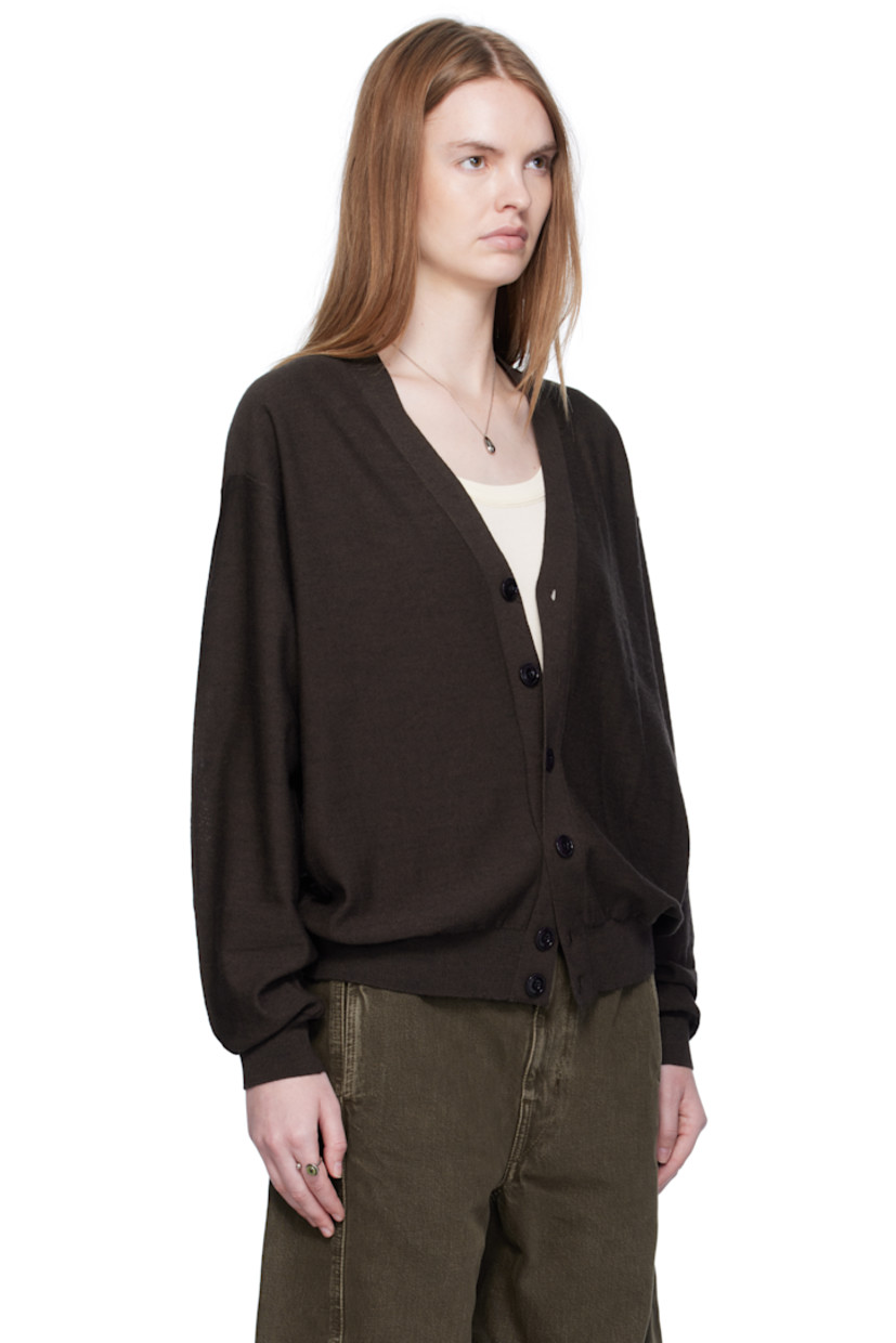 Knit wool-blend cardigan.

· V-neck
· Button fastening at side for cinch styling
· Rib-knit hem and cuffs
· Dropped shoulders

Supplier color: Dark cacao