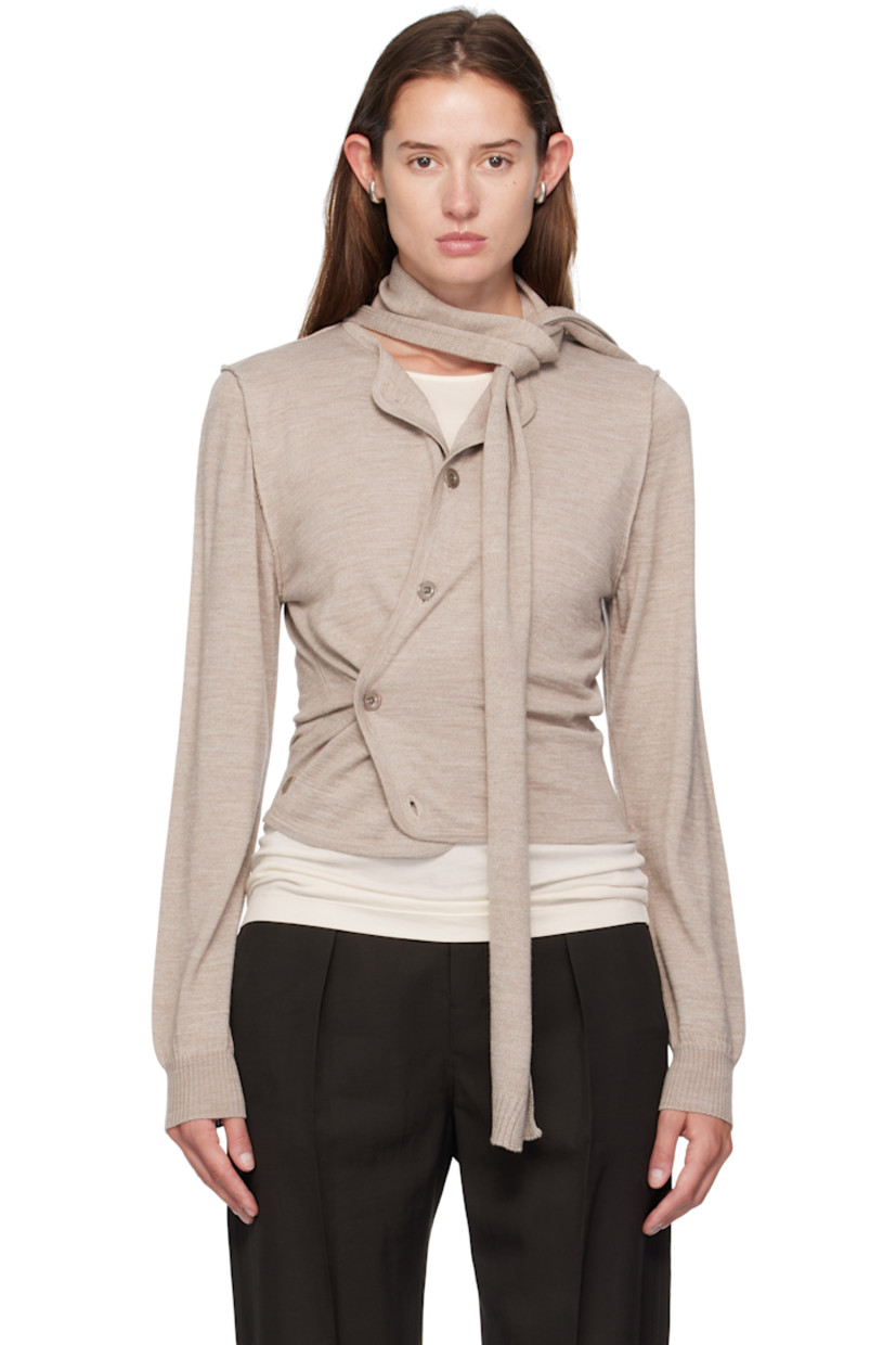 Knit wool-blend cardigan.

· Round neck
· Button closure
· Offset button fastening at side
· Exposed seams at shoulders and back
· Rib-knit cuffs
· Integrated scarf at back

Supplier color: Light taupe
