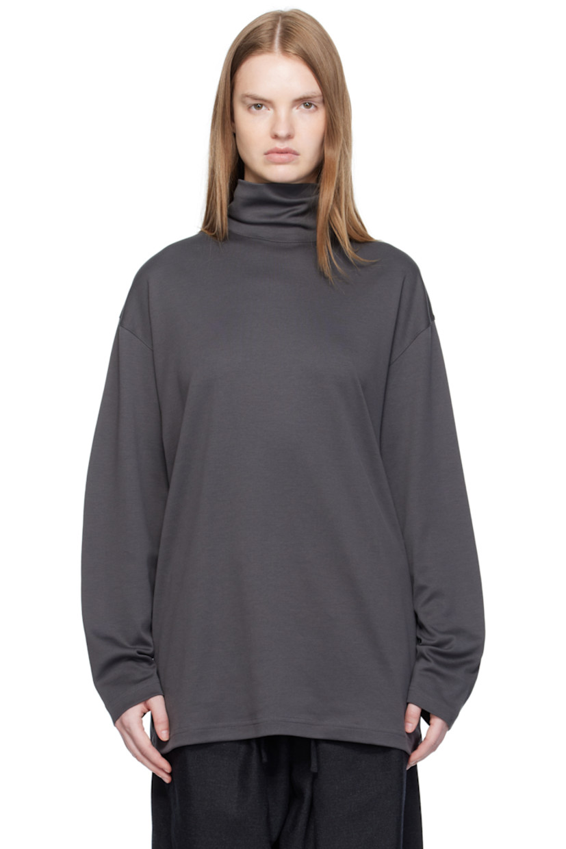 Cotton- and silk-blend interlock jersey T-shirt.

· Mock neck
· Dropped shoulders

Supplier color: Carbon grey