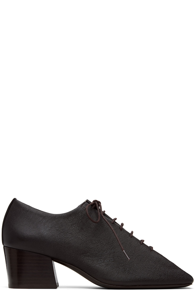 Lightweight grained lambskin heels.

· Single-piece upper
· Square toe
· Lace-up closure
· Leather lining
· Stacked leather heel
· Leather sole with rubber heel
· Heel: H2"

Supplier color: Dark Chocolate