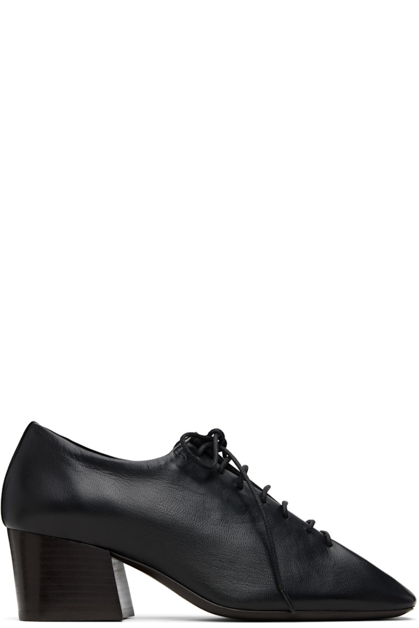 Lightweight grained lambskin heels.

· Single-piece upper
· Square toe
· Lace-up closure
· Leather lining
· Stacked leather heel
· Leather sole with rubber heel
· Heel: H2"

Supplier color: Black