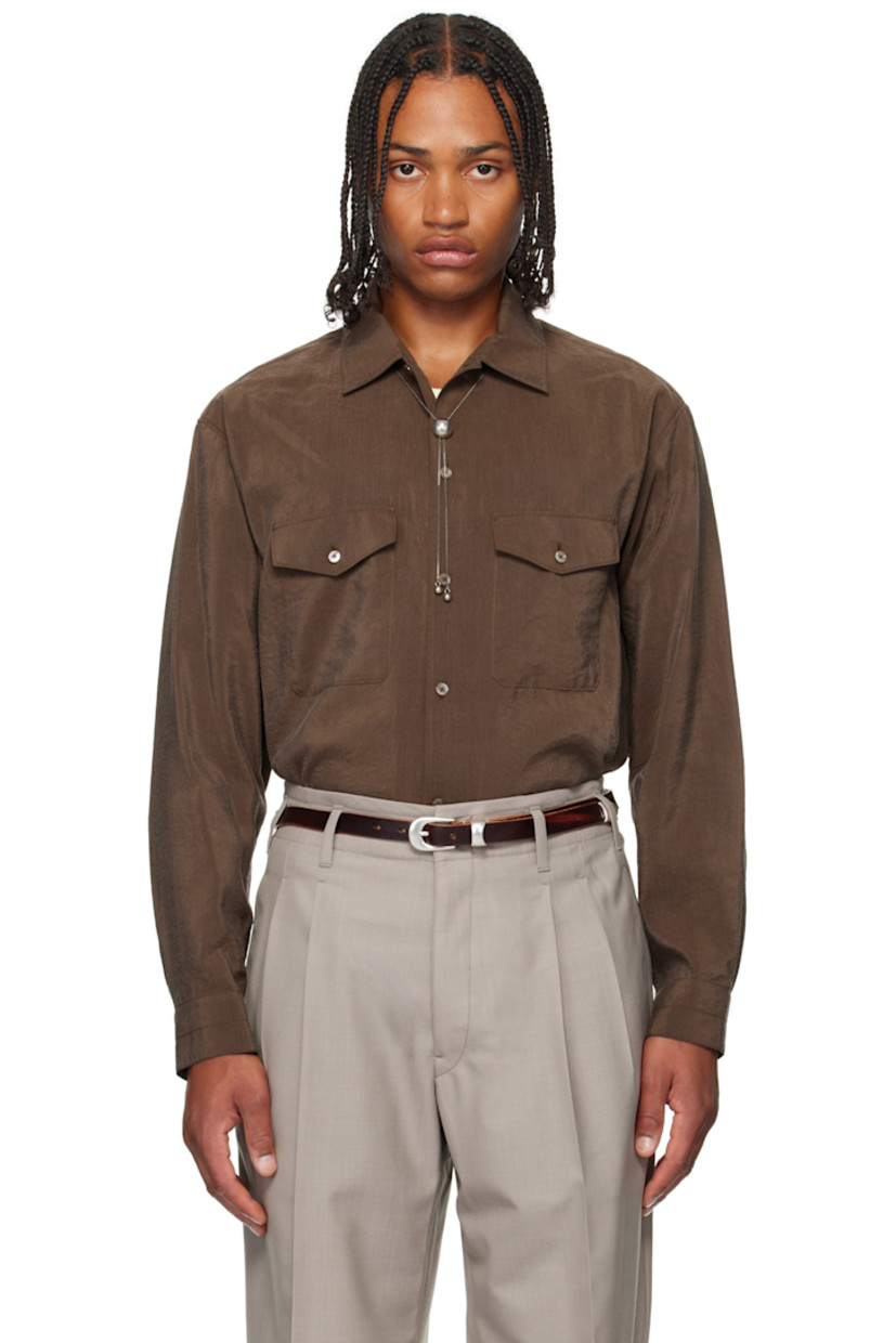 Crinkled silk-blend sateen shirt. 

· Buttoned open spread collar 
· Button closure
· Flap pockets at front 
· Vented side seams
· Pleats at buttoned barrel cuffs
· Box pleat at back yoke 

Supplier color: Brunette